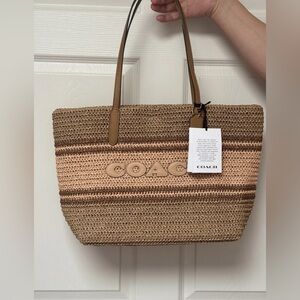 NWT COACH Straw and smooth leather City Tote Bag CBG87 Im/Honey Brown Multi